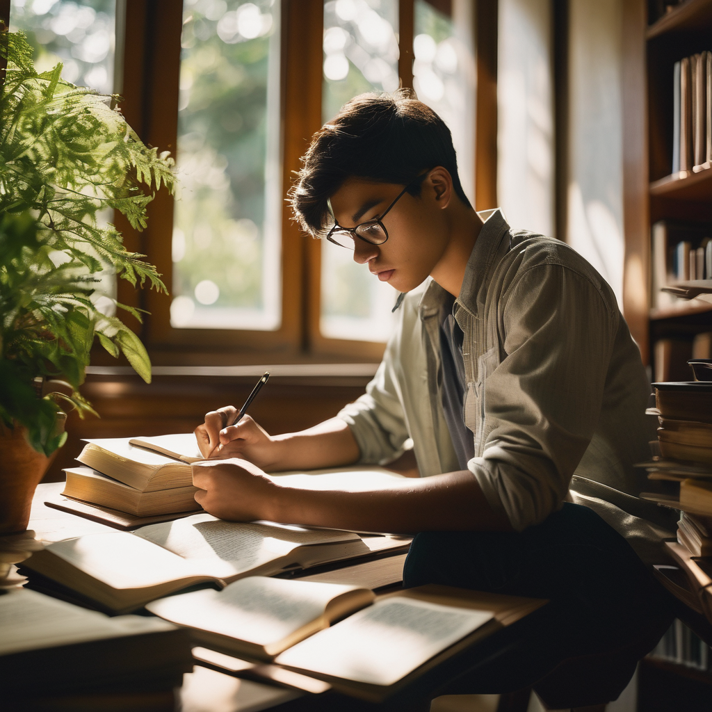Estudiante chileno concentrado en su estudio, rodeado de libros y notas.