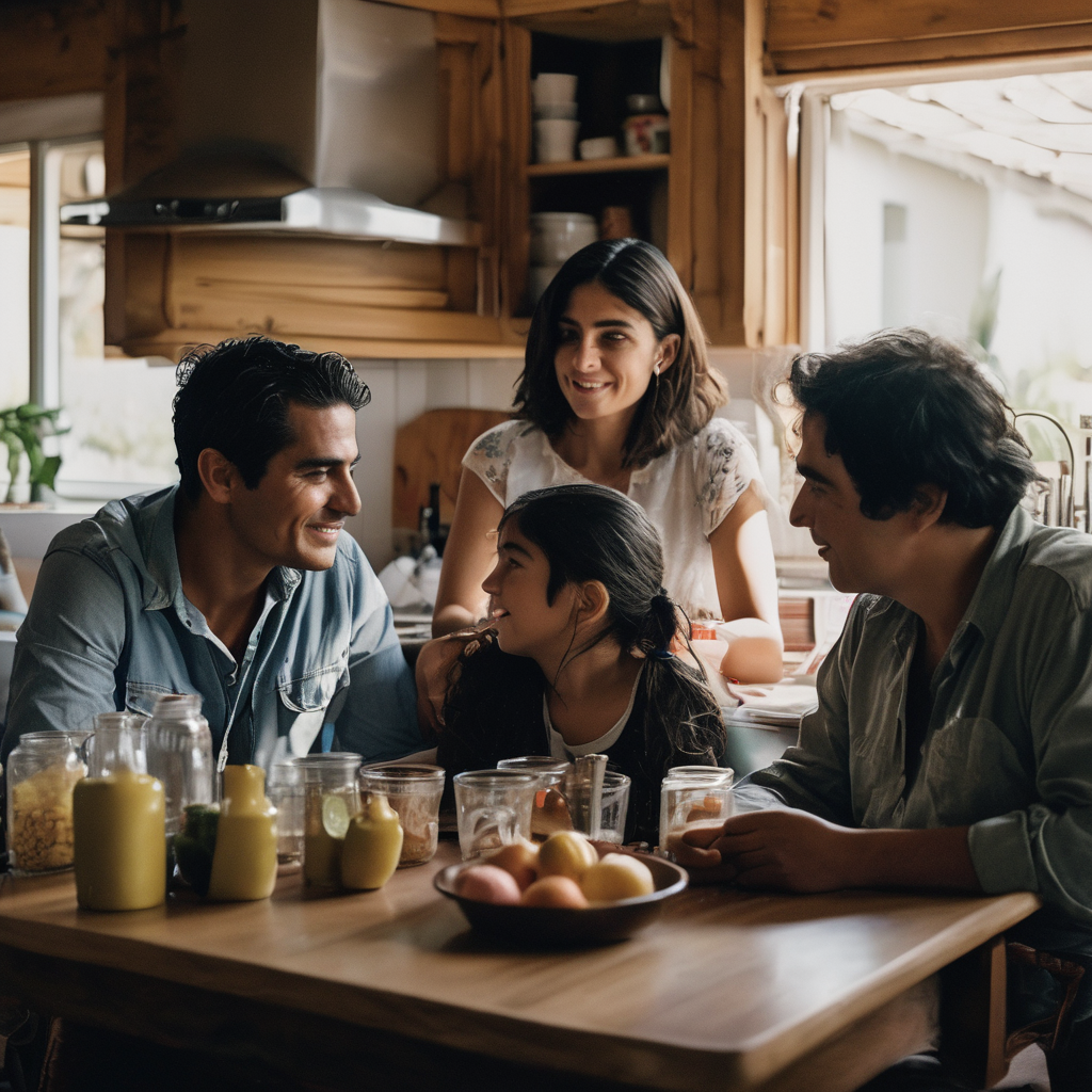 Familia latina conversando en un ambiente acogedor.