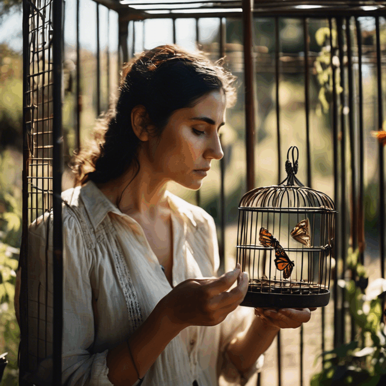 Una mujer chilena, con expresión serena pero con rastros de lucha visible en su rostro, libera una mariposa de una pequeña jaula en un jardín soleado.  Se percibe un sentimiento de esperanza y liberación.