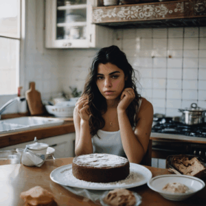 Mujer chilena joven, sentada en su cocina, con una porción de pastel sin comer frente a ella, mostrando una expresión de conflicto interno entre el deseo y la culpa.