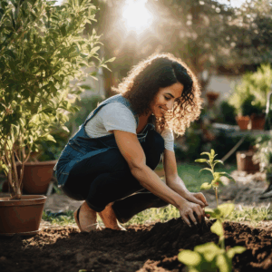 Mujer chilena sonriendo mientras planta un árbol, representando la recuperación de la motivación.