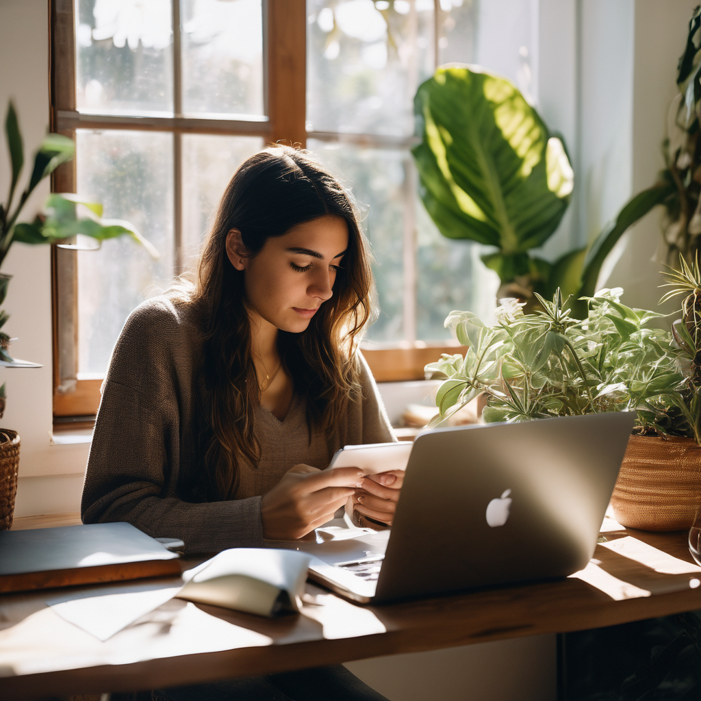 Una mujer chilena, con expresión de alivio y orgullo, revisa un correo electrónico en su laptop en una cálida oficina en casa, con la luz del sol entrando por la ventana.  Se ven algunos libros y plantas alrededor, creando un ambiente tranquilo y productivo.