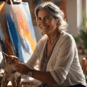 Una mujer chilena de mediana edad, con una sonrisa serena y ojos brillantes, pinta un lienzo en su taller, rodeada de luz natural y con materiales de arte a su alrededor.  Se percibe una sensación de paz y satisfacción.