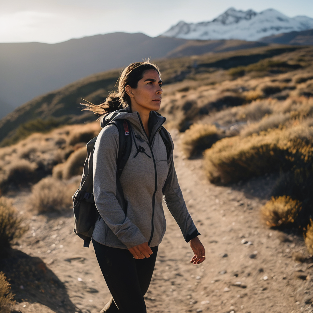 Una mujer chilena, con expresión serena y segura, caminando por un sendero montañoso al amanecer.  Su postura denota fortaleza y paz interior, reflejando la superación de un trauma pasado.