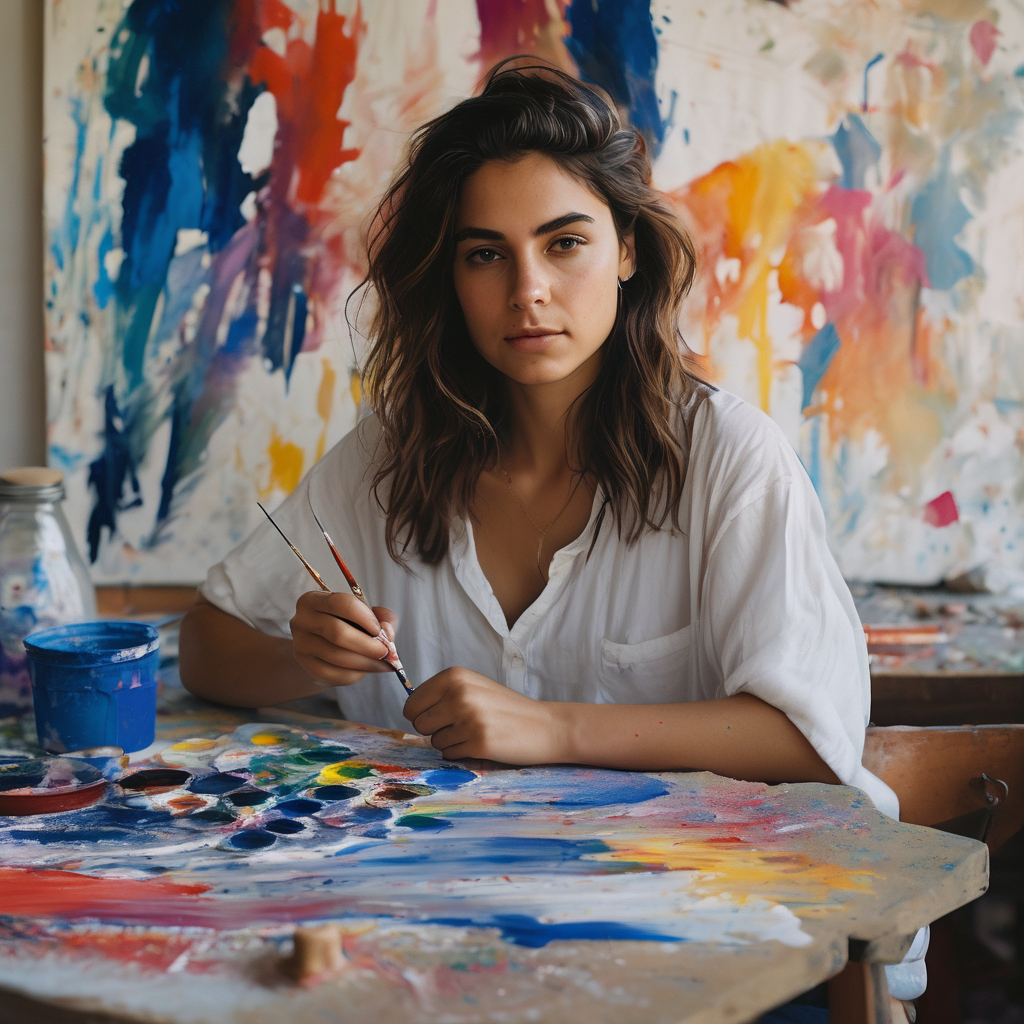 Una mujer chilena joven, con expresión serena y una ligera sonrisa, está pintando un cuadro abstracto con brochazos vibrantes e imperfectos.  El fondo muestra un taller luminoso y desordenado, lleno de materiales de arte. La escena transmite una sensación de paz y autoaceptación.
