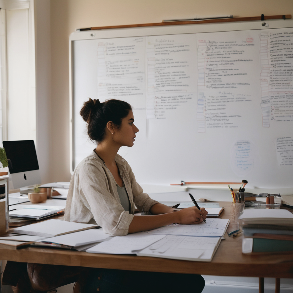 Una mujer chilena, con expresión de concentración pero relajada, tacha una tarea de una lista en su pizarra blanca.  Alrededor hay algunos materiales de trabajo organizados, mostrando un ambiente de calma y control.