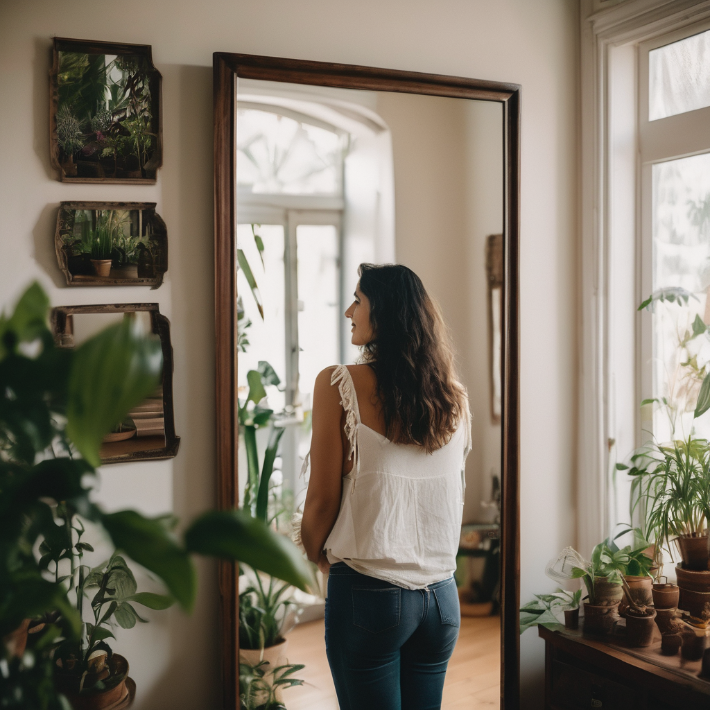 Una mujer chilena sonriente frente a un espejo, reflexionando sobre su autovaloración.