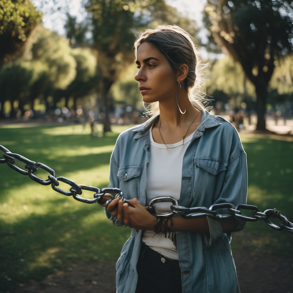 Mujer chilena rompiendo cadenas que simbolizan la dependencia emocional.