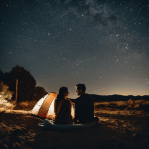 Una pareja chilena comunicándose por video llamada durante una noche estrellada.