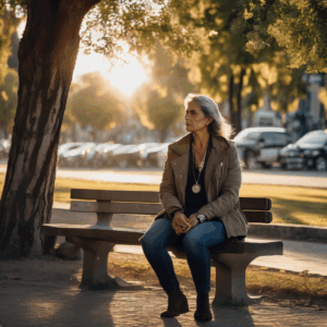 Una mujer chilena de mediana edad, sentada en una banca de un parque solitario bajo un árbol, observa un dije con una foto de una pareja, con una expresión de melancolía y nostalgia en su rostro. La luz del atardecer baña la escena con tonos cálidos y suaves.