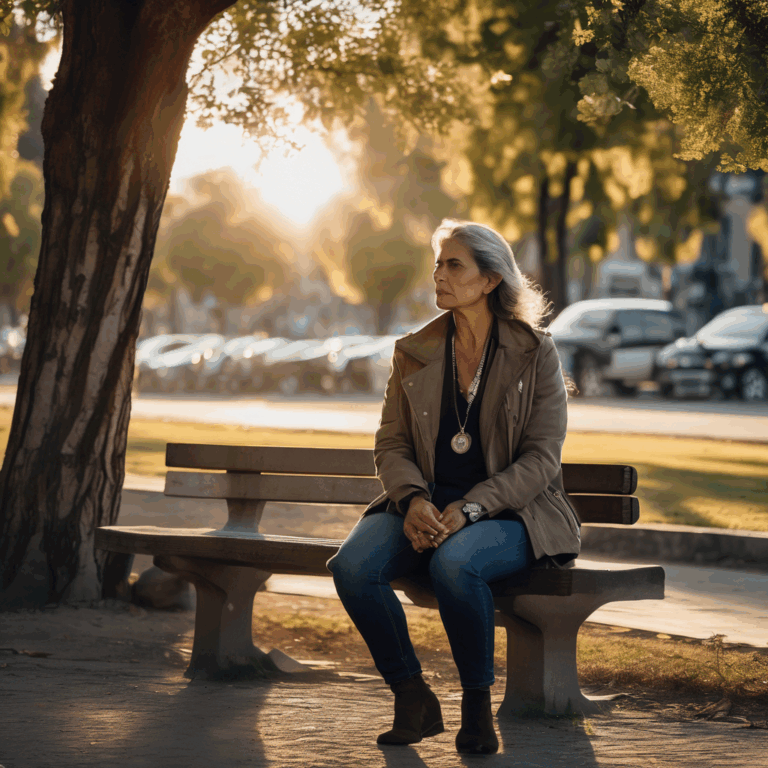 Una mujer chilena de mediana edad, sentada en una banca de un parque solitario bajo un árbol, observa un dije con una foto de una pareja, con una expresión de melancolía y nostalgia en su rostro. La luz del atardecer baña la escena con tonos cálidos y suaves.