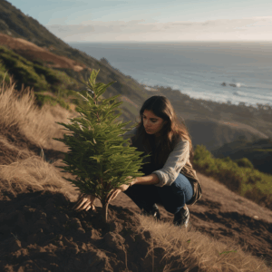 Mujer chilena joven plantando un árbol en un cerro con vista al océano, expresión de esperanza y calma en su rostro, luz natural.