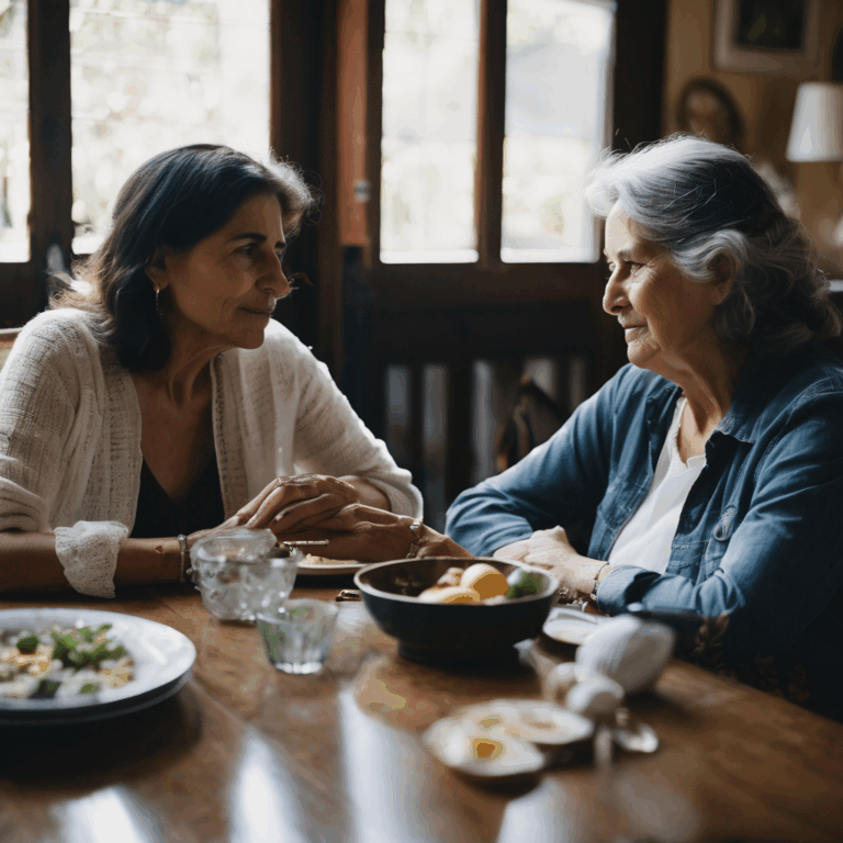 Una mujer chilena hablando con su madre, estableciendo límites saludables en una conversación familiar.