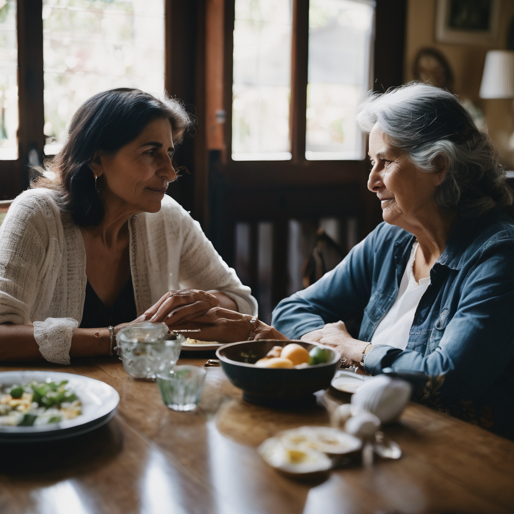 Una mujer chilena hablando con su madre, estableciendo límites saludables en una conversación familiar.