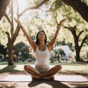 Mujer chilena en un parque, disfrutando de su cuerpo mientras realiza yoga, rodeada de naturaleza.