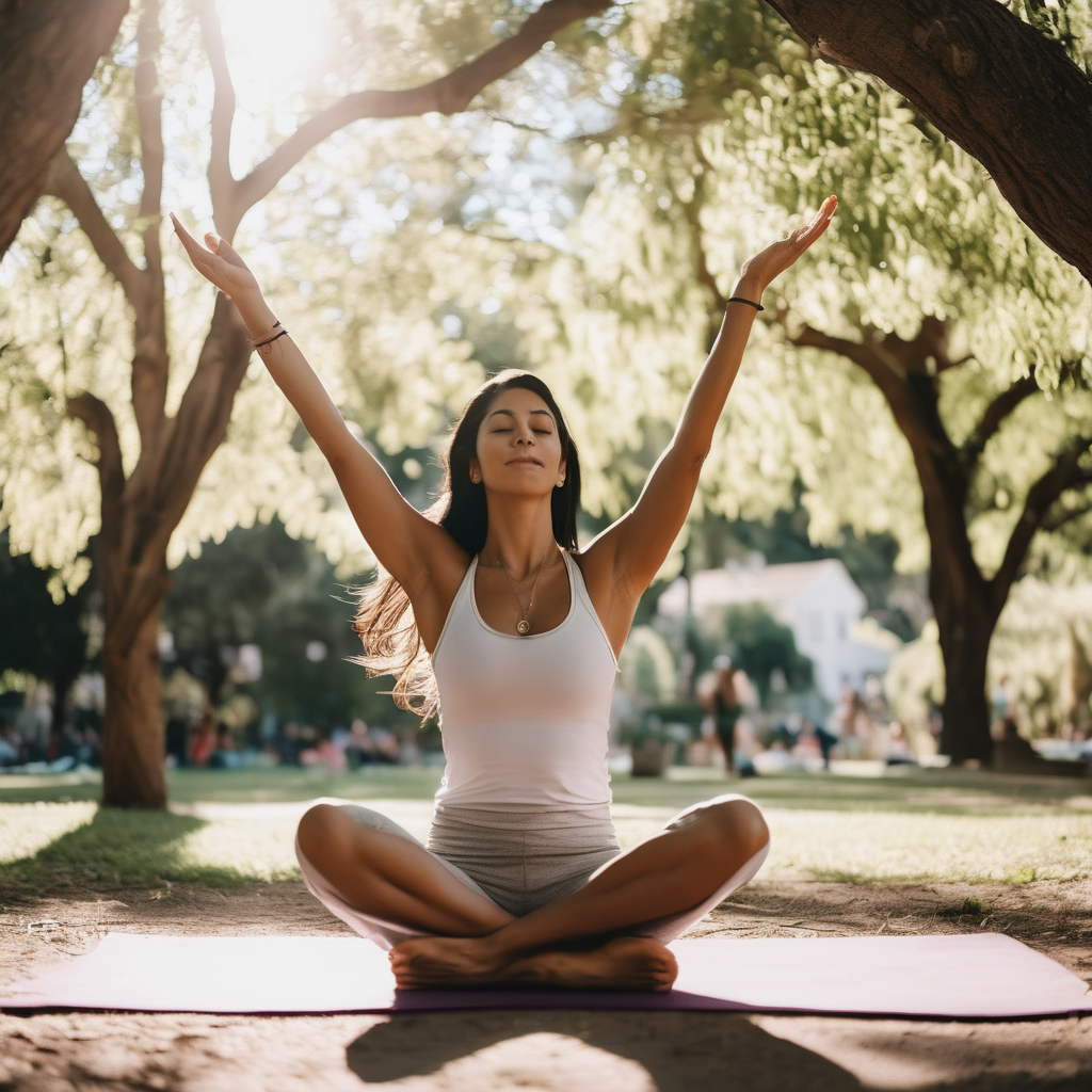Mujer chilena en un parque, disfrutando de su cuerpo mientras realiza yoga, rodeada de naturaleza.