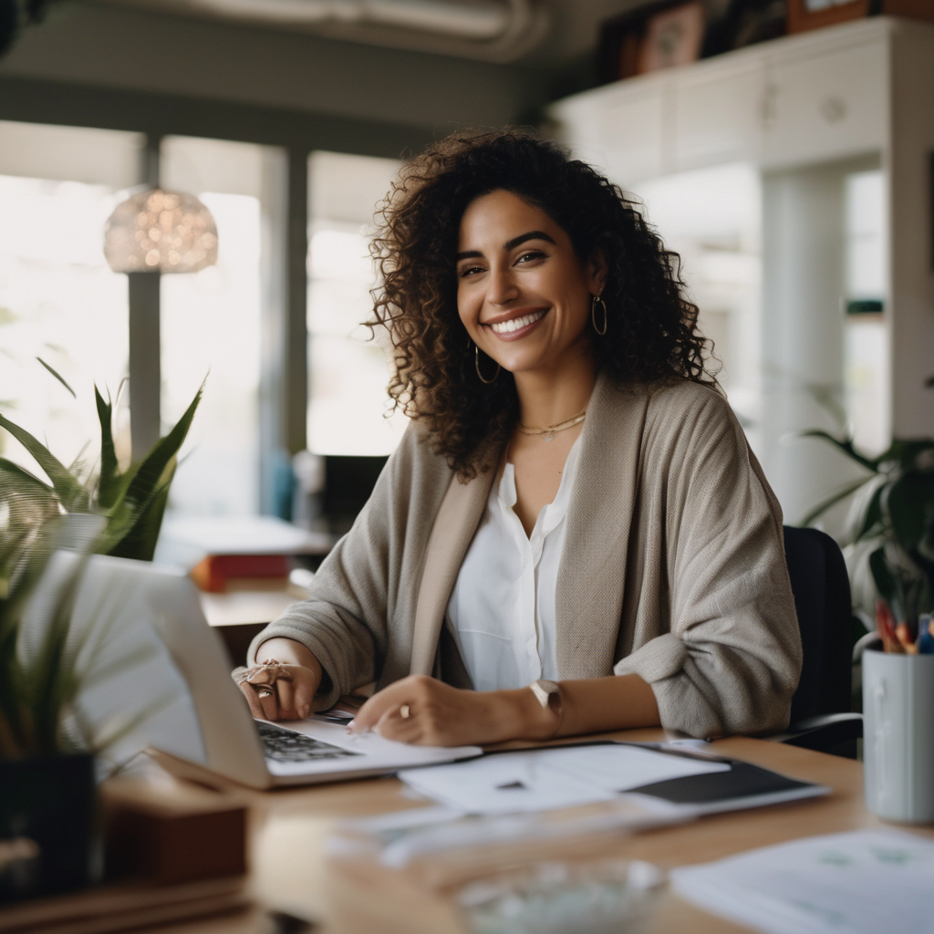 Una mujer chilena organizando su escritorio con una sonrisa, mostrando cómo superar el estrés post-vacacional.