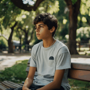 Adolescente chileno en un parque, practicando técnicas de respiración para manejar sus emociones.