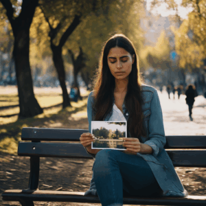 Una mujer chilena sentada en un parque, sosteniendo una foto de su ser querido, con una expresión de reflexión y tristeza.