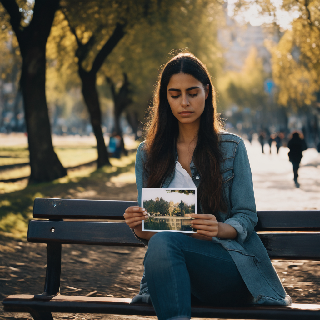 Una mujer chilena sentada en un parque, sosteniendo una foto de su ser querido, con una expresión de reflexión y tristeza.
