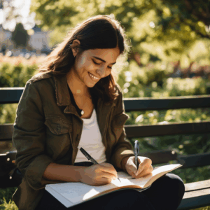 Una mujer chilena escribiendo en un diario en un parque, sonriendo mientras observa la naturaleza.