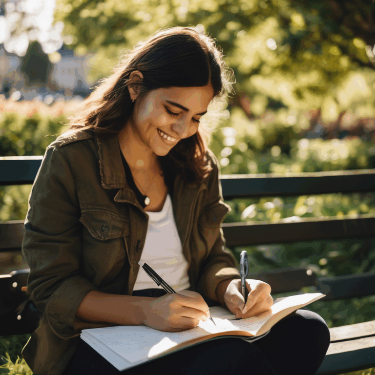 Una mujer chilena escribiendo en un diario en un parque, sonriendo mientras observa la naturaleza.