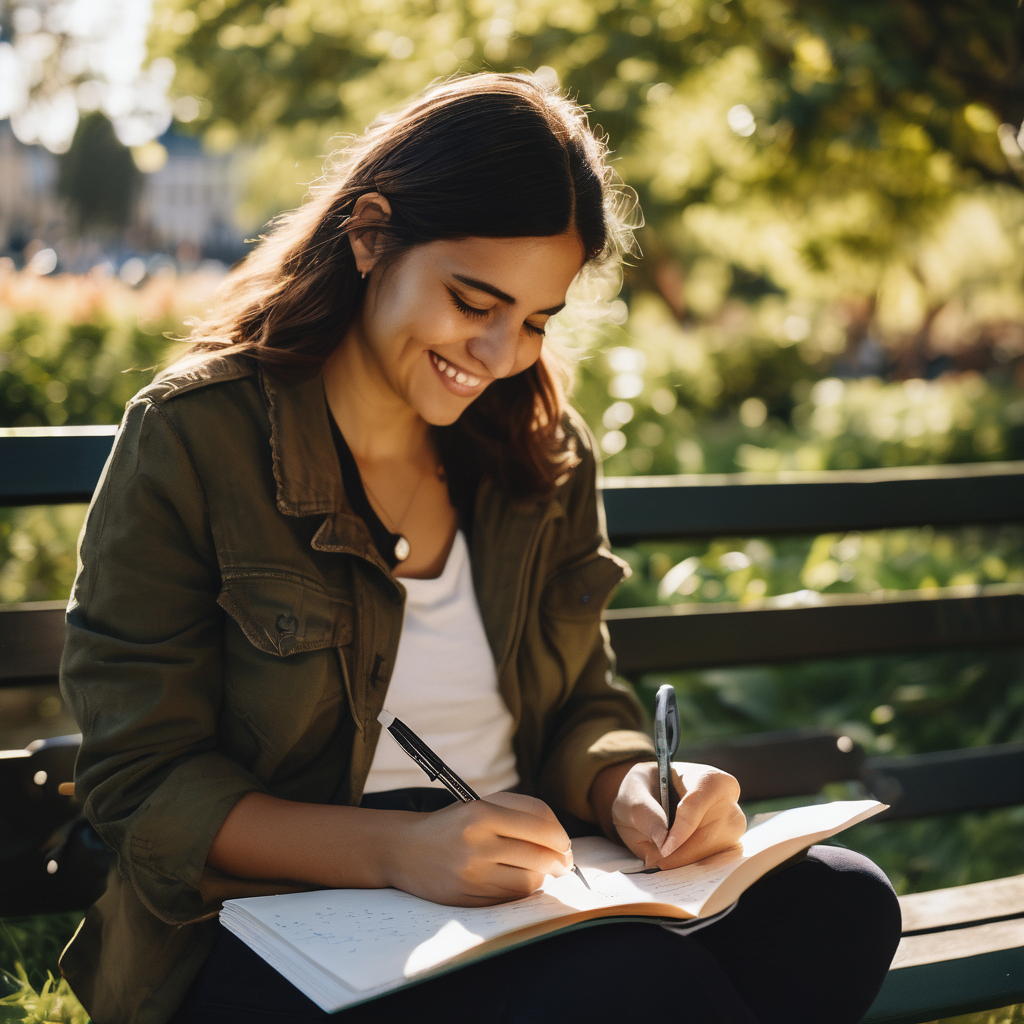 Una mujer chilena escribiendo en un diario en un parque, sonriendo mientras observa la naturaleza.