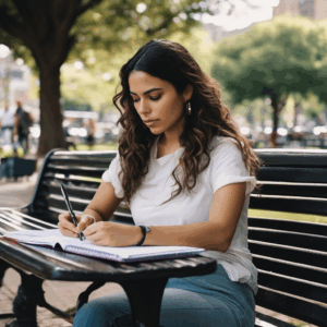 Mujer chilena en un entorno urbano reflexionando mientras sostiene un cuaderno.