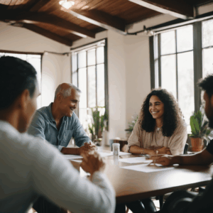 Adulto introvertido interactuando en un taller de habilidades sociales