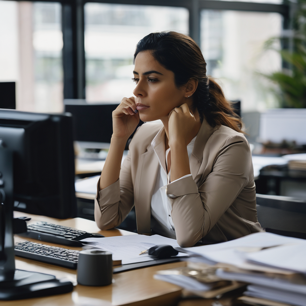 Persona chilena en un entorno de oficina, respirando profundamente para manejar la ansiedad.