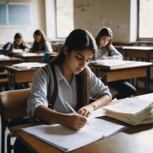 Estudiante chilena concentrada en un examen, mostrando tranquilidad y enfoque.