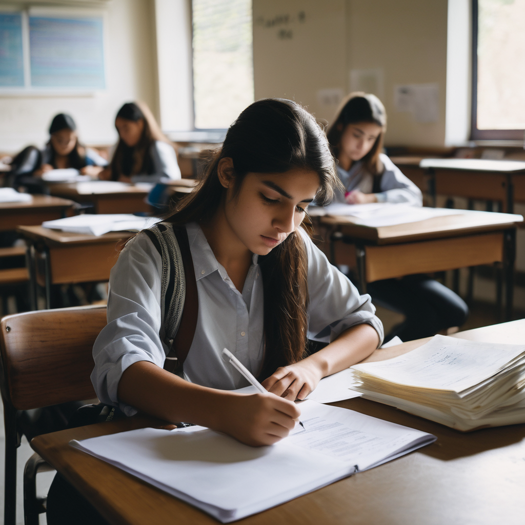 Estudiante chilena concentrada en un examen, mostrando tranquilidad y enfoque.
