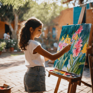 Niña chilena pintando en un entorno natural, mostrando concentración y felicidad.