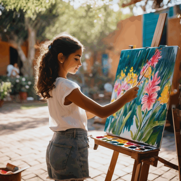 Niña chilena pintando en un entorno natural, mostrando concentración y felicidad.