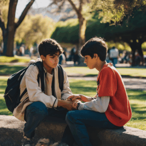 Adolescente chileno compartiendo con un amigo en un parque, mostrando empatía.