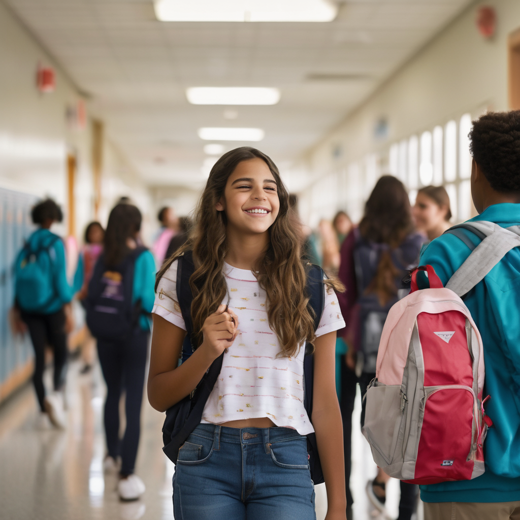 Adolescente chilena sonriendo mientras recibe elogios en un entorno escolar.