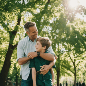 Padre abrazando a su hijo mientras ambos sonríen en un parque.