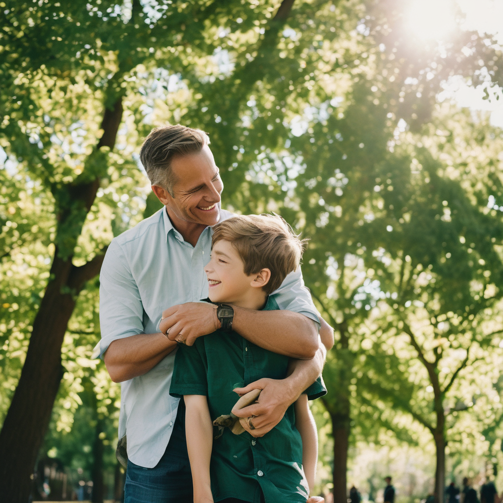 Padre abrazando a su hijo mientras ambos sonríen en un parque.