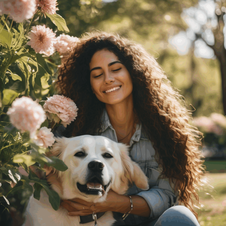 Mujer latina abrazando a su perro en un parque, sonriendo y mostrando alegría.