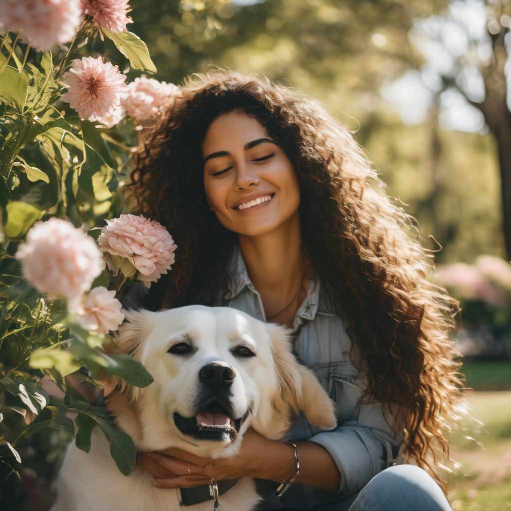 Mujer latina abrazando a su perro en un parque, sonriendo y mostrando alegría.