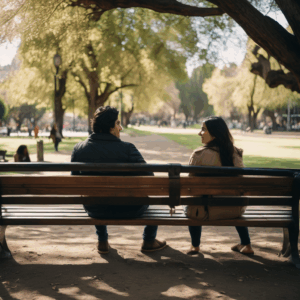 Pareja chilena conversando sinceramente en un parque tras superar una crisis.