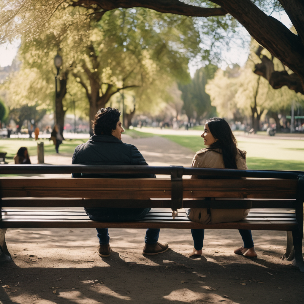 Pareja chilena conversando sinceramente en un parque tras superar una crisis.