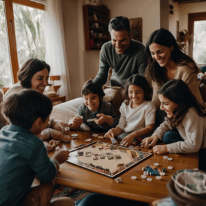 Familia chilena interactuando en un juego de mesa, sonriendo y conversando.