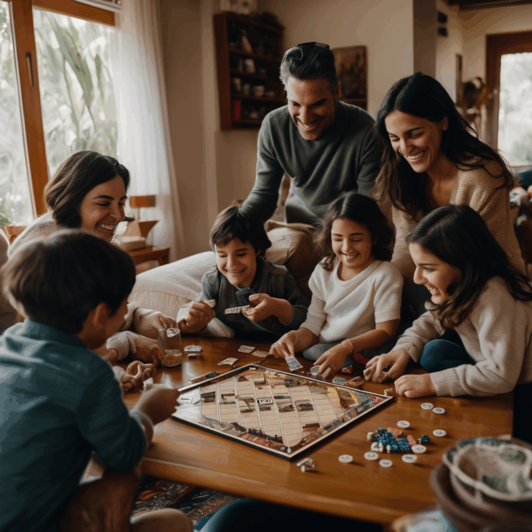 Familia chilena interactuando en un juego de mesa, sonriendo y conversando.