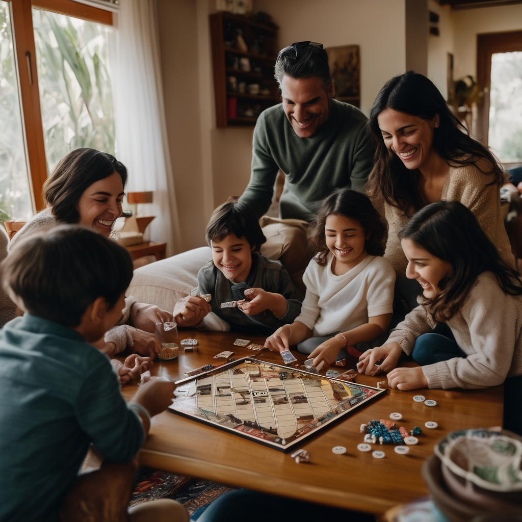 Familia chilena interactuando en un juego de mesa, sonriendo y conversando.