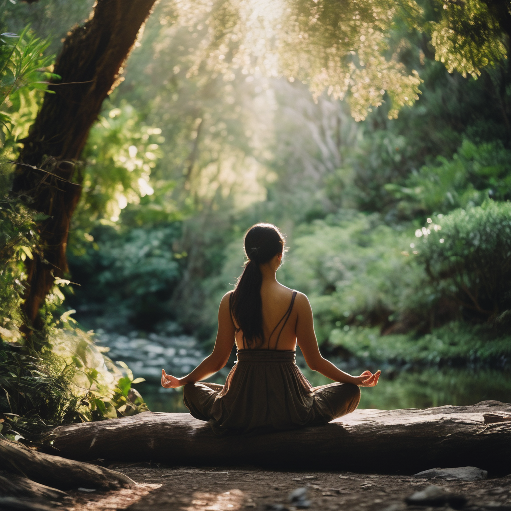 Mujer chilena meditando en un entorno natural, rodeada de árboles.