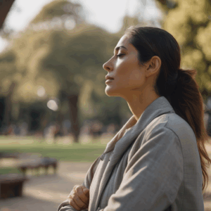 Mujer chilena practicando técnicas de respiración en un parque antes de una presentación.