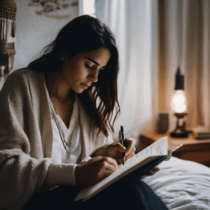 Mujer chilena en un entorno acogedor, reflexionando sobre sus emociones antes de dormir.
