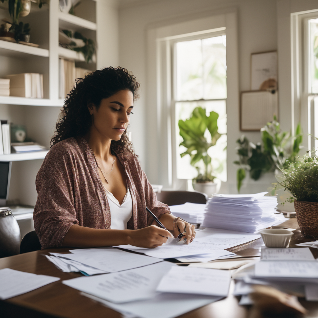 Persona organizando su espacio de trabajo con enfoque y determinación.