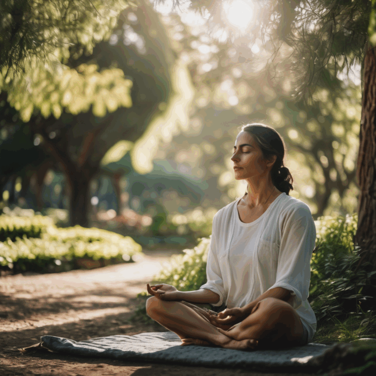 Una mujer chilena practicando la meditación al aire libre, rodeada de naturaleza.